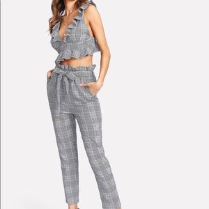 Ruffle Deep V Neck Top & Self Belt Pants Set